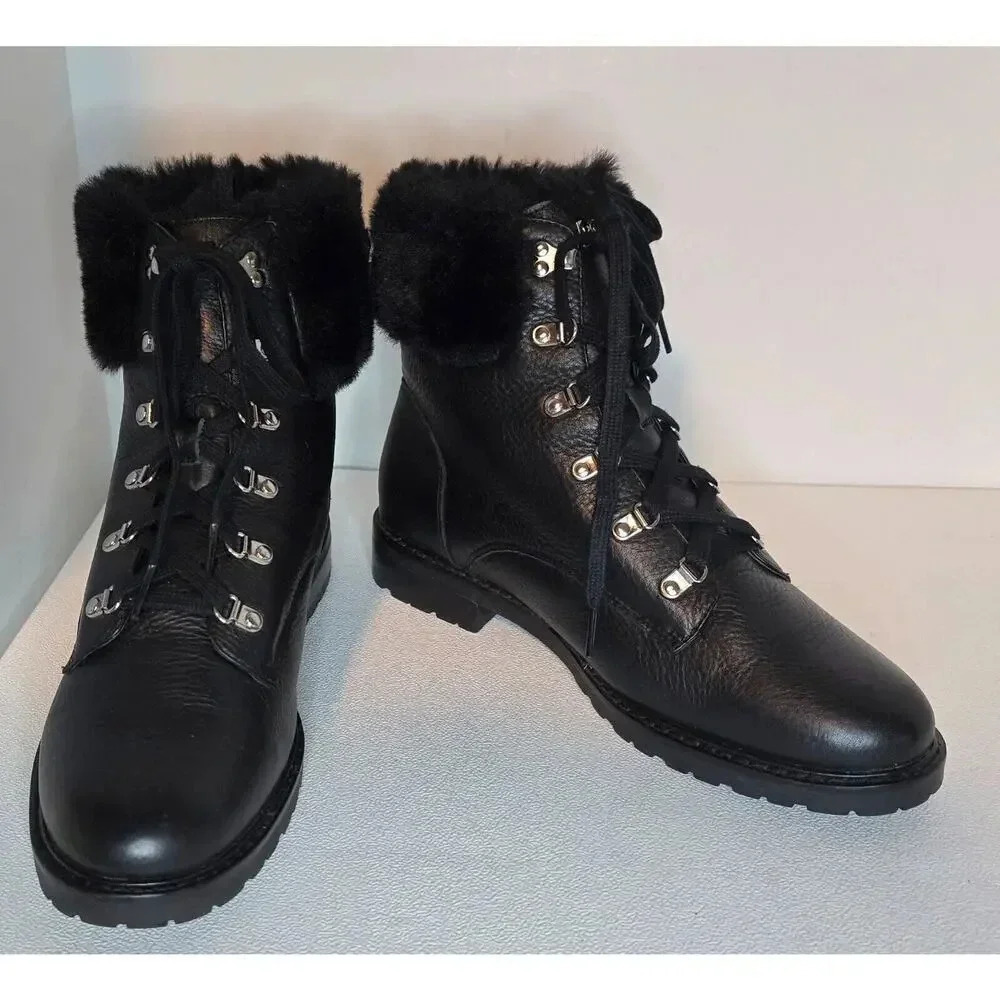 WOMEN'S LAUREN RALPH LAUREN LEATHER TIE ANKLE BOOTS LANESCOT FAUX FUR BLACK 10 B